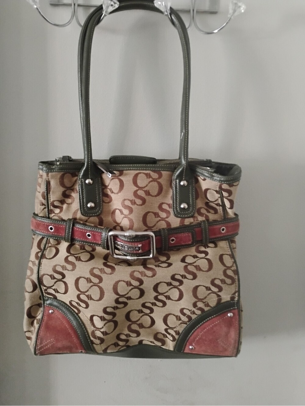 Sophia Cujicell Monogram Canvas Shoulder Bag Olive Green Brown Pink Suede Y2K